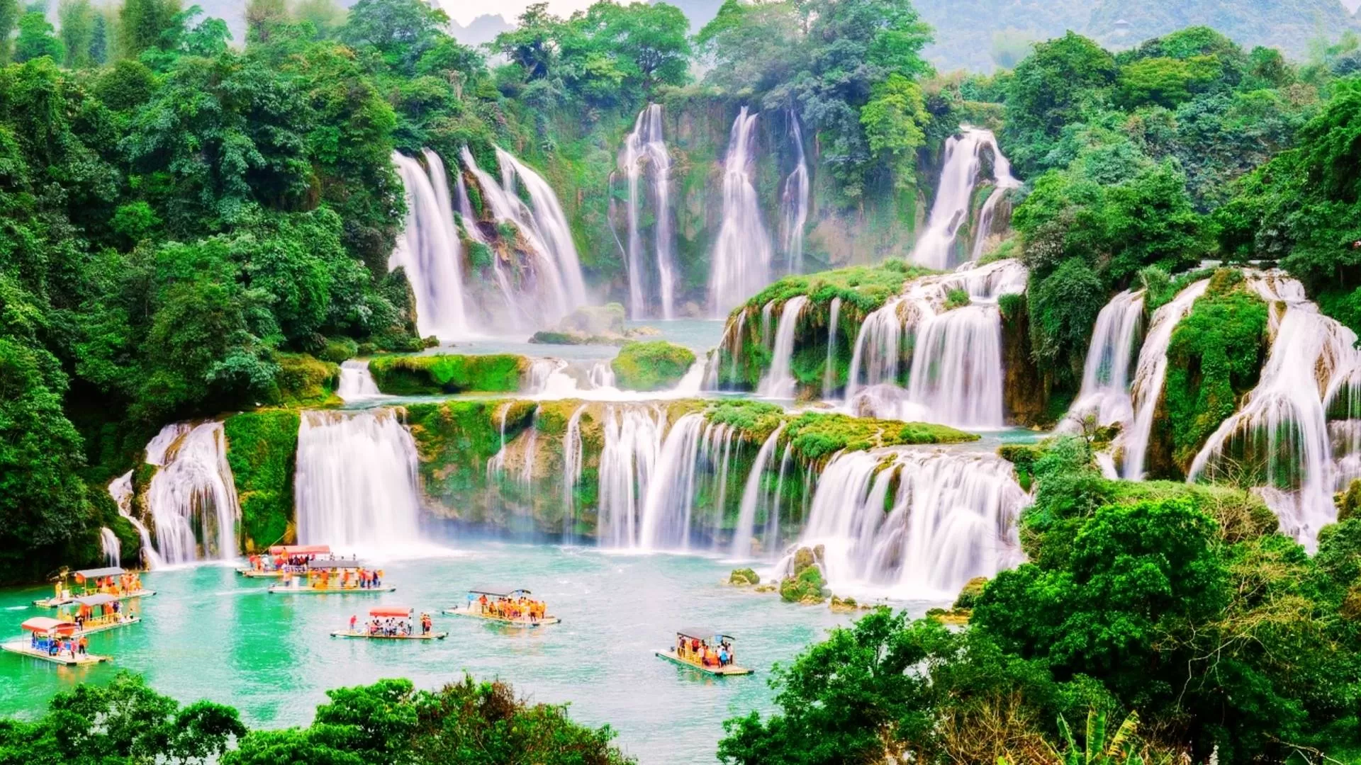 The Ban Gioc waterfall cascades over three tiers of limestone